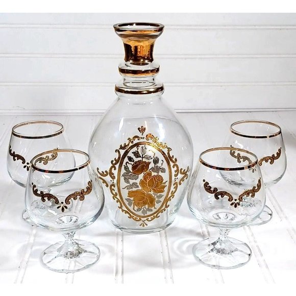 Antique Gold Rose Opaline Bohemian Art Glass Cordial Decanter & 4 Liqu… - Picture 7 of 9